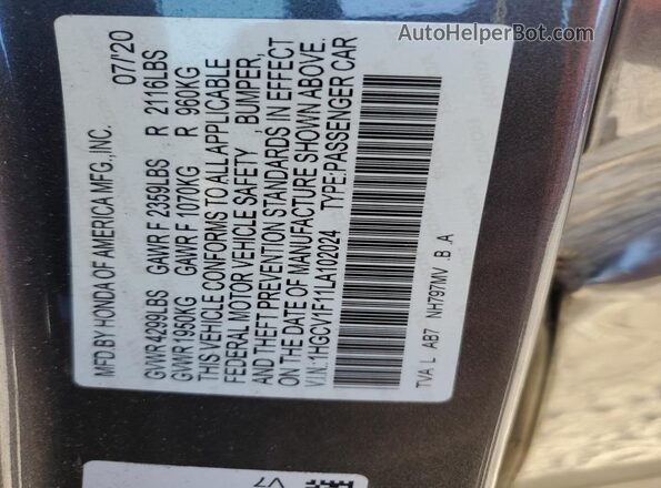 1HGCV1F11LA102024 2020 HONDA ACCORD Gray ძრავის განყოფილების ხედი