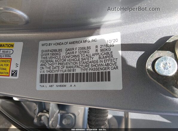 1HGCV1F11LA156181 2020 HONDA ACCORD Серебряный Вид подкапотного пространства