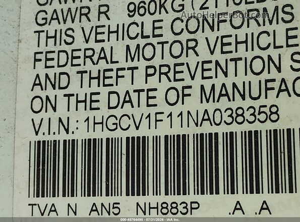 1HGCV1F11NA038358 2022 HONDA ACCORD White Շարժիչի բաժամունքի տեսք