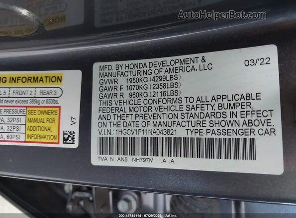 1HGCV1F11NA043821 2022 HONDA ACCORD Серый Вид подкапотного пространства