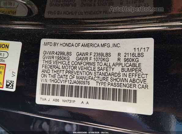 1HGCV1F12JA060976 2018 HONDA ACCORD Black Vista del compartimento del motor