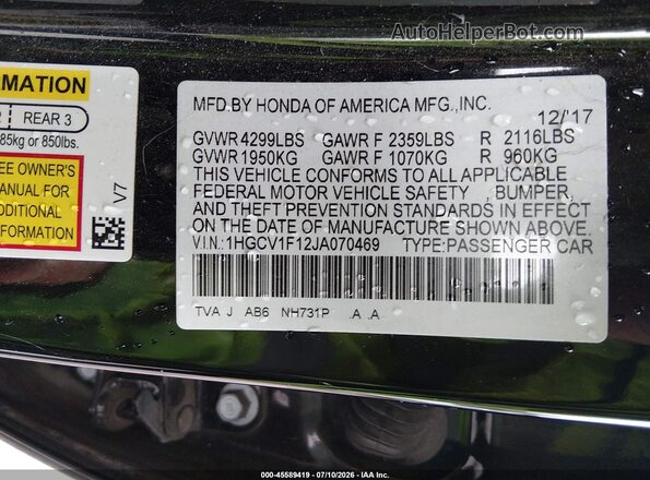 1HGCV1F12JA070469 2018 HONDA ACCORD Черный Вид подкапотного пространства