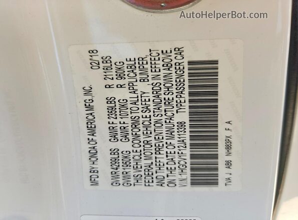 1HGCV1F12JA113398 2018 HONDA ACCORD White Вид наклейки з VIN-кодом