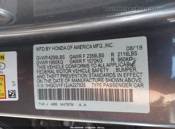 1HGCV1F12JA227935 2018 HONDA ACCORD Gray Engine compartment view