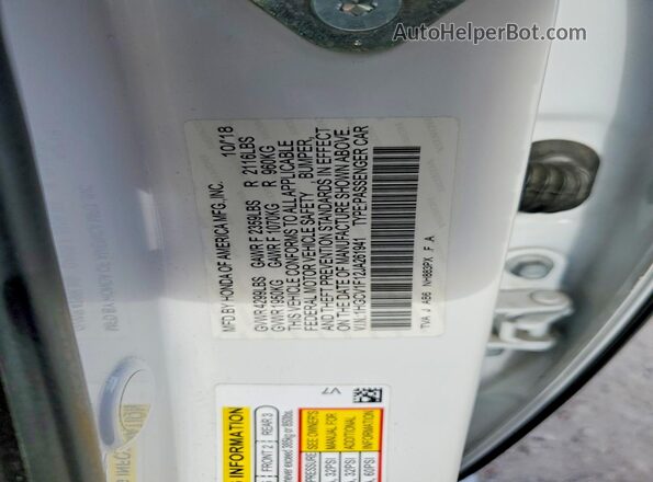 1HGCV1F12JA261941 2018 HONDA ACCORD Белый Вид подкапотного пространства