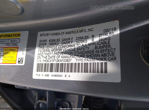 1HGCV1F12KA103827 2019 HONDA ACCORD Silver Vista del compartimento del motor