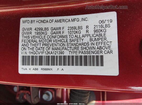 1HGCV1F12KA121390 2019 HONDA ACCORD Red Вид підкапотного простору