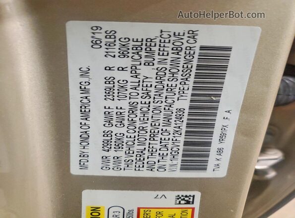 1HGCV1F12KA124936 2019 HONDA ACCORD Beige ძრავის განყოფილების ხედი