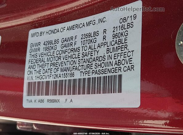 1HGCV1F12KA155166 2019 HONDA ACCORD Maroon Շարժիչի բաժամունքի տեսք