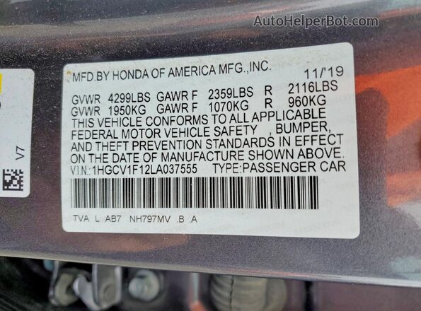 1HGCV1F12LA037555 2020 HONDA ACCORD Gray Շարժիչի բաժամունքի տեսք