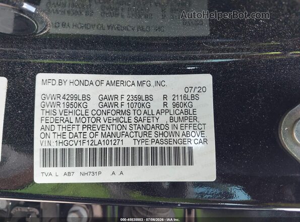 1HGCV1F12LA101271 2020 HONDA ACCORD Black Vista del compartimento del motor