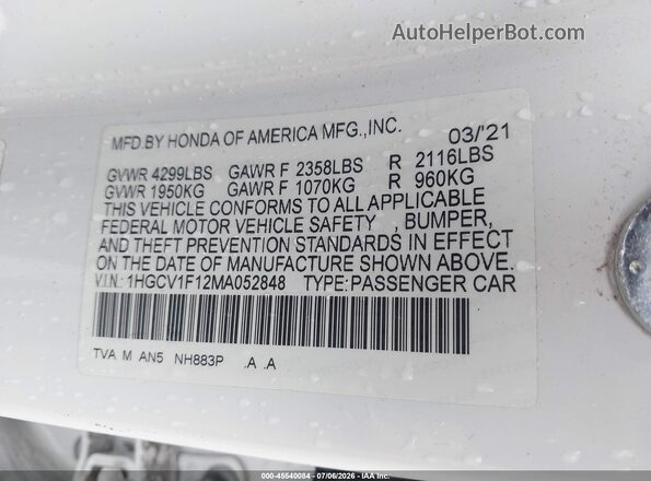 1HGCV1F12MA052848 2021 HONDA ACCORD White Vista del compartimento del motor