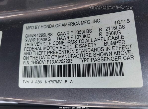 1HGCV1F13JA252293 2018 HONDA ACCORD Gray Widok komory silnika