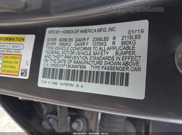 1HGCV1F13KA047834 2019 HONDA ACCORD Gray Widok komory silnika