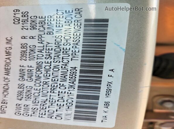 1HGCV1F13KA055934 2019 HONDA ACCORD Beige Շարժիչի բաժամունքի տեսք