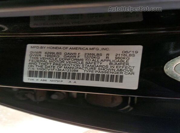 1HGCV1F13KA123388 2019 HONDA ACCORD Black Widok naklejki z numerem VIN
