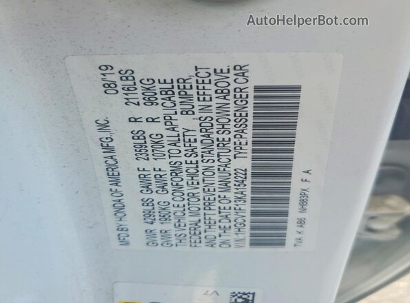 1HGCV1F13KA154222 2019 HONDA ACCORD White Vista del compartimento del motor