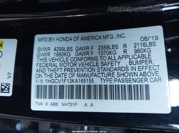 1HGCV1F13KA165155 2019 HONDA ACCORD Black Вид підкапотного простору
