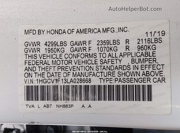 1HGCV1F13LA028668 2020 HONDA ACCORD White Widok komory silnika