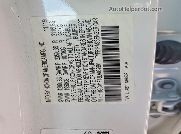 1HGCV1F13LA032591 2020 HONDA ACCORD White Вид наклейки з VIN-кодом