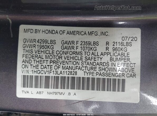 1HGCV1F13LA112828 2020 HONDA ACCORD Gray Вид підкапотного простору