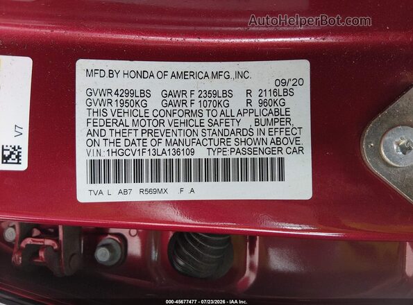 1HGCV1F13LA136109 2020 HONDA ACCORD Red Widok komory silnika