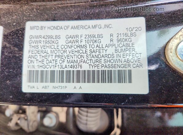 1HGCV1F13LA149376 2020 HONDA ACCORD Black Vista del compartimento del motor