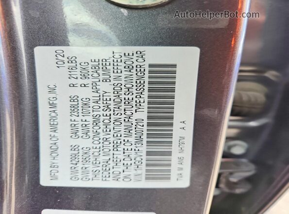 1HGCV1F13MA007210 2021 HONDA ACCORD Gray VIN კოდის სტიკერის ხედი