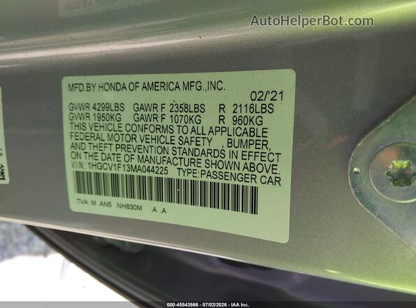 1HGCV1F13MA044225 2021 HONDA ACCORD Silver Շարժիչի բաժամունքի տեսք