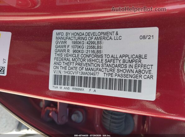1HGCV1F13MA094977 2021 HONDA ACCORD Burgundy Շարժիչի բաժամունքի տեսք
