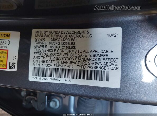 1HGCV1F13MA117612 2021 HONDA ACCORD Серый Вид подкапотного пространства
