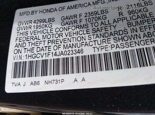 1HGCV1F14JA023346 2018 HONDA ACCORD Черный Вид подкапотного пространства