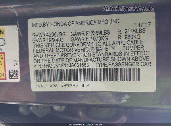 1HGCV1F14JA061563 2018 HONDA ACCORD Gray Engine compartment view
