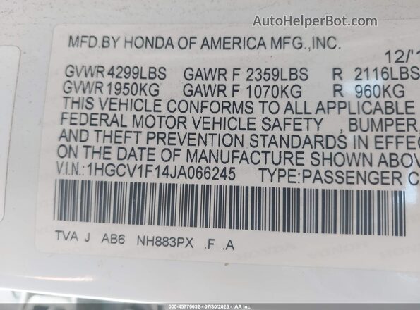 1HGCV1F14JA066245 2018 HONDA ACCORD White Engine compartment view