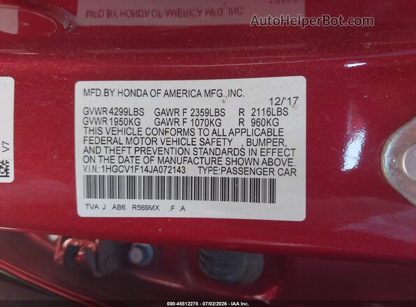 1HGCV1F14JA072143 2018 HONDA ACCORD Burgundy Вид підкапотного простору