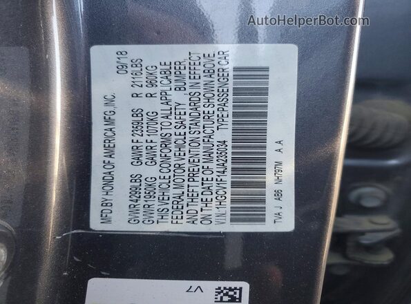 1HGCV1F14JA235034 2018 HONDA ACCORD Gray Շարժիչի բաժամունքի տեսք