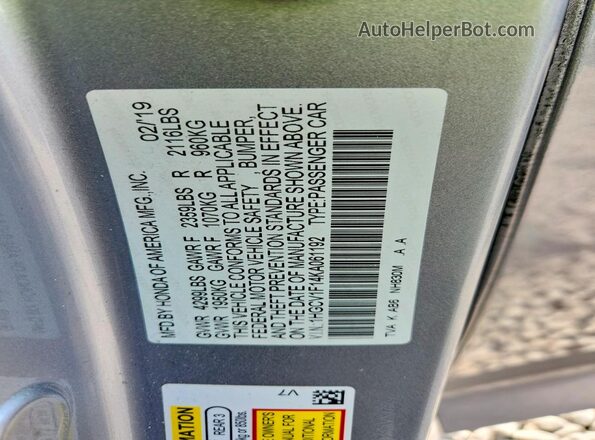 1HGCV1F14KA061192 2019 HONDA ACCORD Silver VIN կոդի պիտակի տեսք