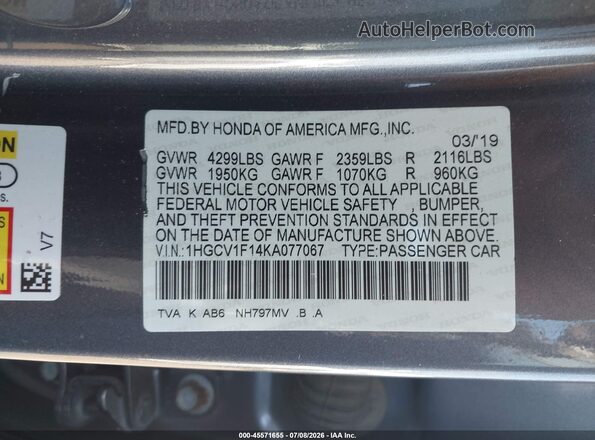 1HGCV1F14KA077067 2019 HONDA ACCORD Gray Շարժիչի բաժամունքի տեսք