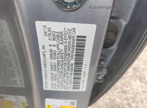 1HGCV1F14KA094760 2019 HONDA ACCORD Silver VIN կոդի պիտակի տեսք