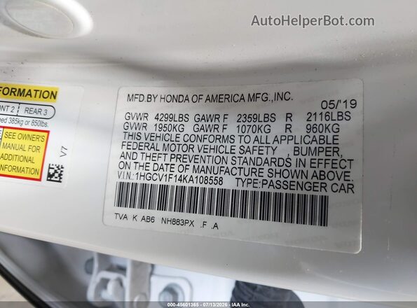 1HGCV1F14KA108558 2019 HONDA ACCORD Белый Вид подкапотного пространства