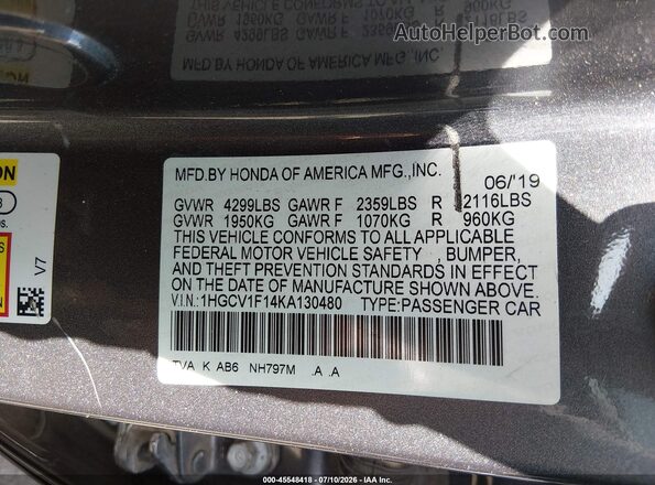 1HGCV1F14KA130480 2019 HONDA ACCORD Gray Vista del compartimento del motor