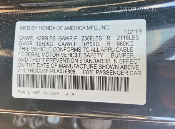 1HGCV1F14LA016898 2020 HONDA ACCORD Black Вид наклейки з VIN-кодом