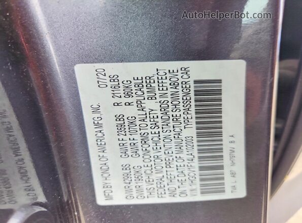 1HGCV1F14LA102003 2020 HONDA ACCORD Gray Engine compartment view