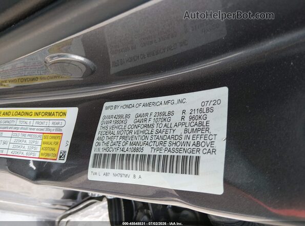 1HGCV1F14LA108805 2020 HONDA ACCORD Gray Շարժիչի բաժամունքի տեսք