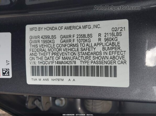 1HGCV1F14MA042578 2021 HONDA ACCORD Gray ძრავის განყოფილების ხედი