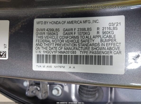 1HGCV1F14MA051085 2021 HONDA ACCORD Gray Engine compartment view