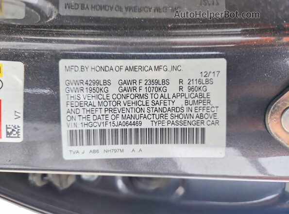 1HGCV1F15JA064469 2018 HONDA ACCORD Gray VIN կոդի պիտակի տեսք