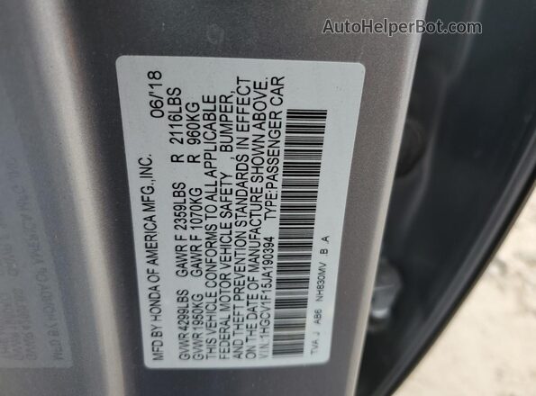 1HGCV1F15JA190394 2018 HONDA ACCORD Gray Widok komory silnika