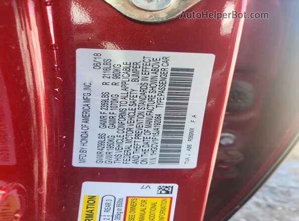 1HGCV1F15JA192064 2018 HONDA ACCORD Red Widok naklejki z numerem VIN