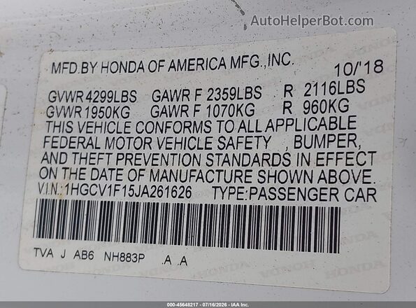 1HGCV1F15JA261626 2018 HONDA ACCORD White Widok komory silnika